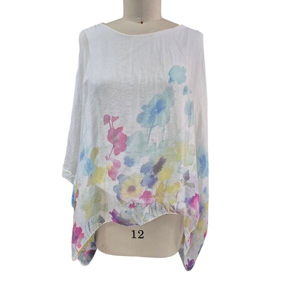 Elena Baldi Women Silk Top White Floral Asymmetrical Hem Italy Classic Fairy L - Picture 2 of 6